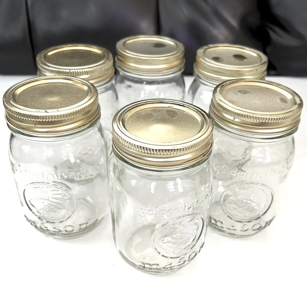 Lot of 6 Mason Golden Harvest 12 oz. Clear Glass Jars With Lids